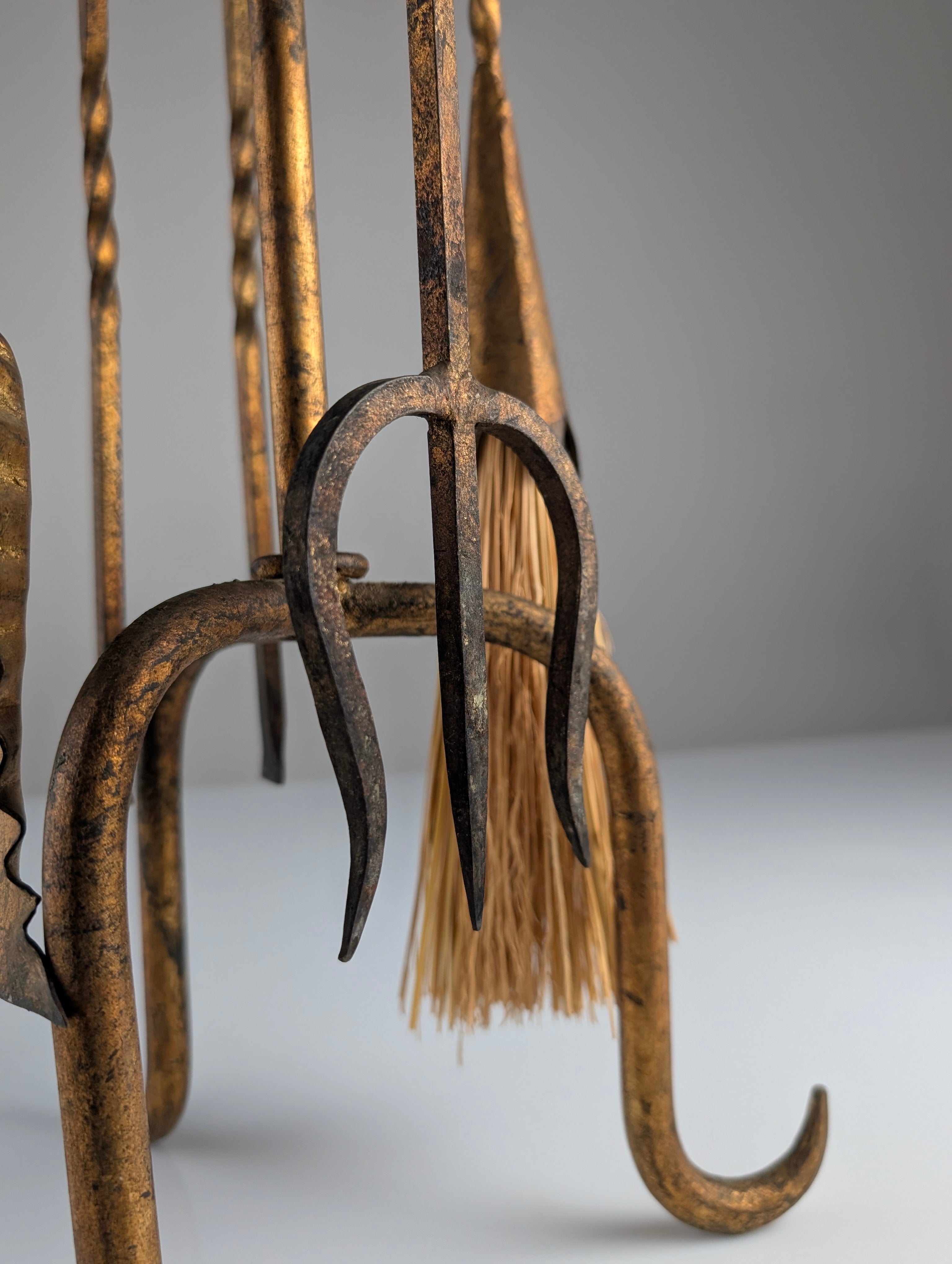 1960s_Hand-Forged_Wrought_Iron_Fireplace_Tool_Set_with_Gilt_Finish