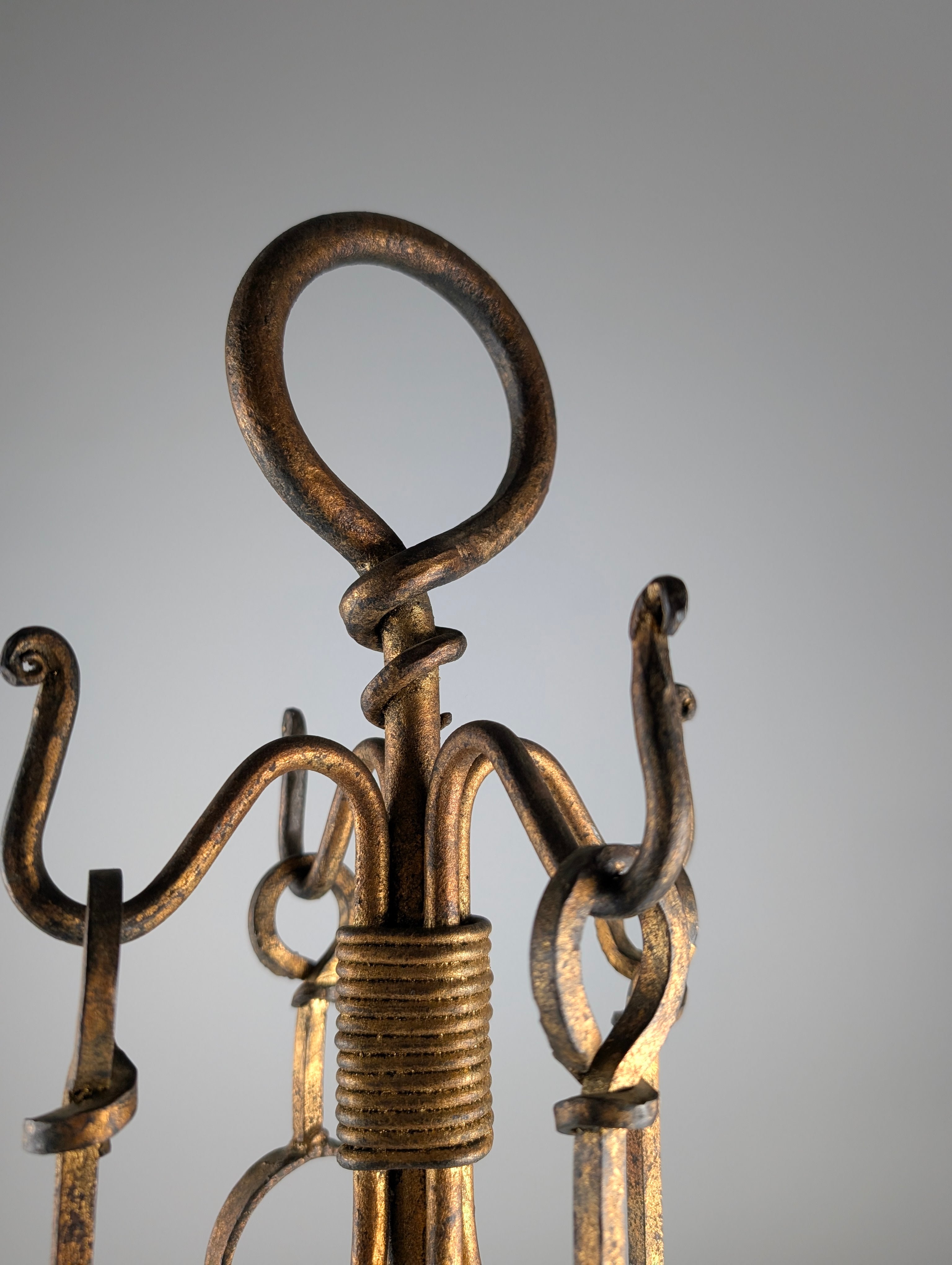 1960s_Hand-Forged_Wrought_Iron_Fireplace_Tool_Set_with_Gilt_Finish