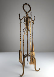 1960s_Hand-Forged_Wrought_Iron_Fireplace_Tool_Set_with_Gilt_Finish