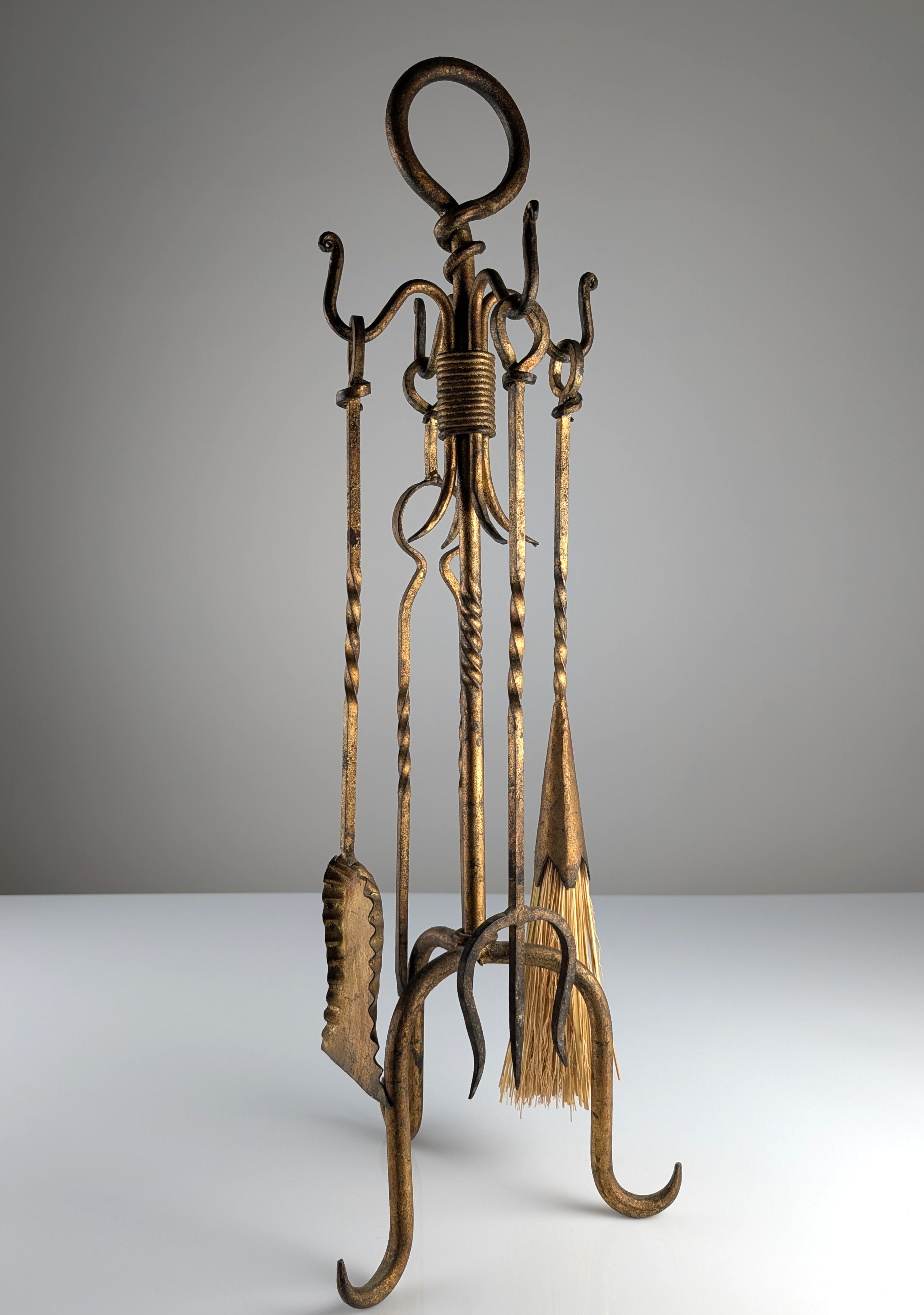1960s_Hand-Forged_Wrought_Iron_Fireplace_Tool_Set_with_Gilt_Finish