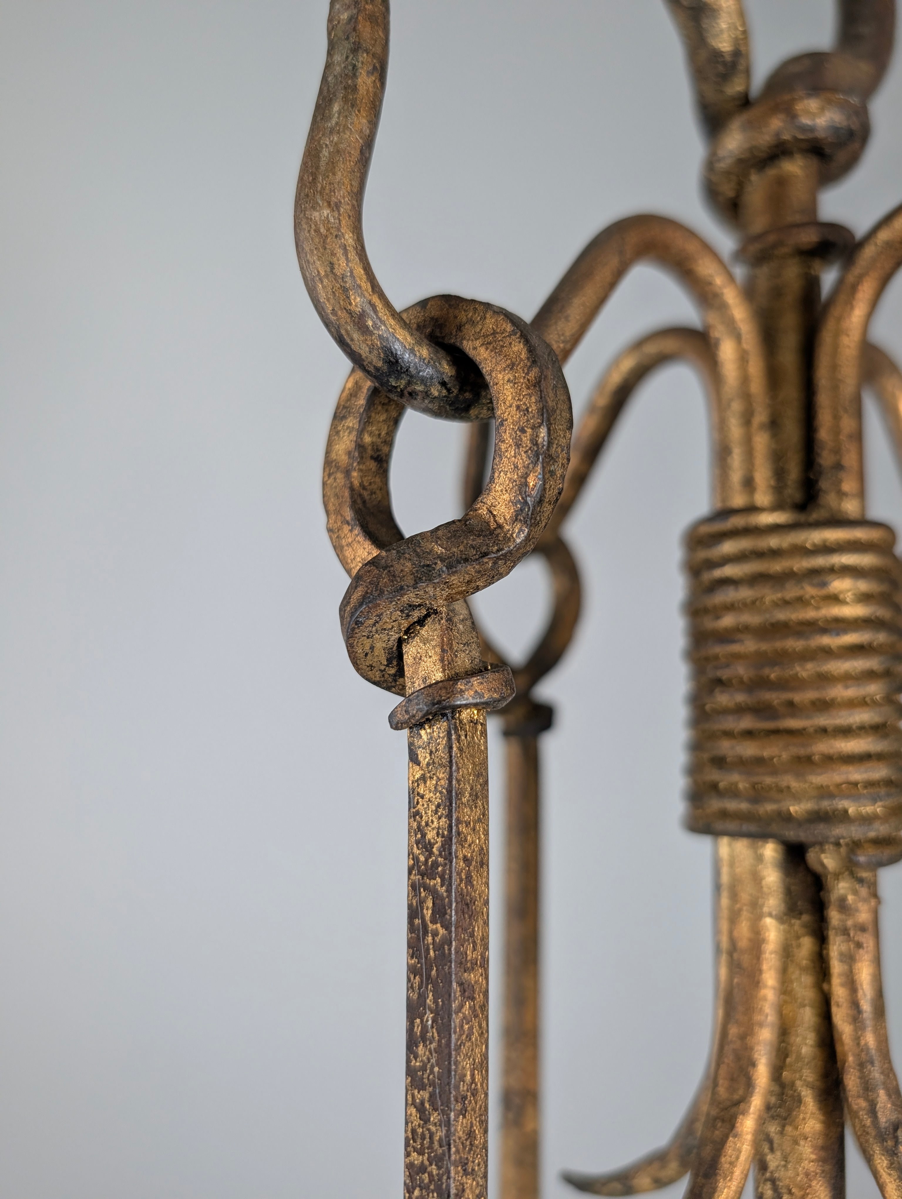 1960s_Hand-Forged_Wrought_Iron_Fireplace_Tool_Set_with_Gilt_Finish
