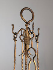 1960s_Hand-Forged_Wrought_Iron_Fireplace_Tool_Set_with_Gilt_Finish