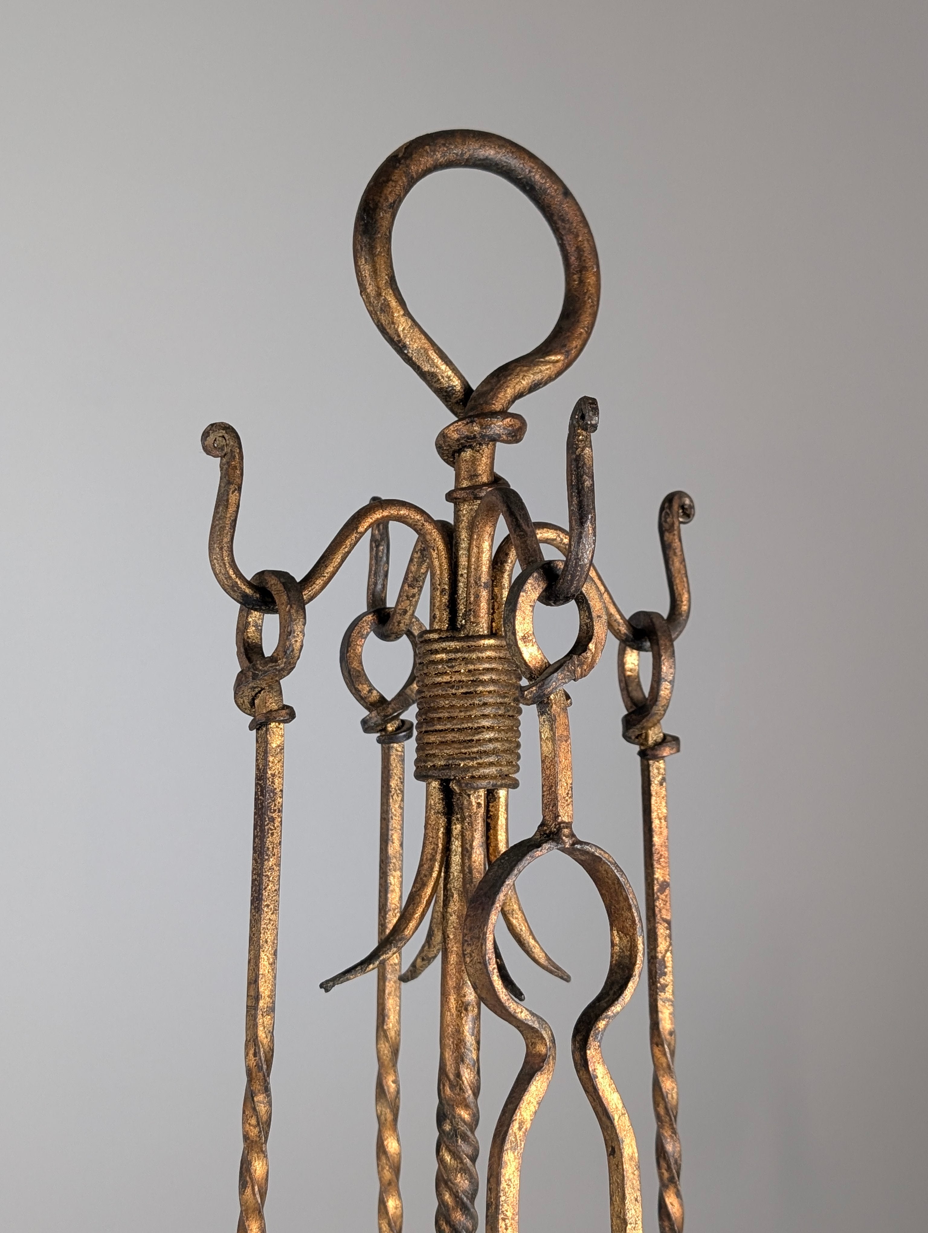 1960s_Hand-Forged_Wrought_Iron_Fireplace_Tool_Set_with_Gilt_Finish