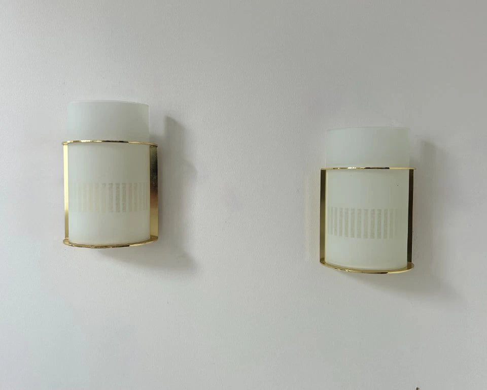 Set_of_2_Brass_and_Frosted_Glass_Wall_Sconces,_Mid_Century_Modern,_France_1970s