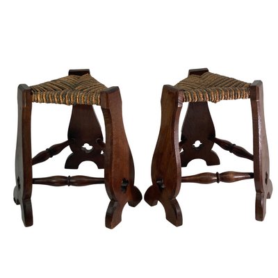 Set_of_2_Brutalist_Neo_Gothic_Rush_Oak_Tripod_Stools,_1960s,_France