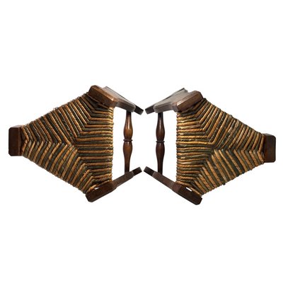 Set_of_2_Brutalist_Neo_Gothic_Rush_Oak_Tripod_Stools,_1960s,_France
