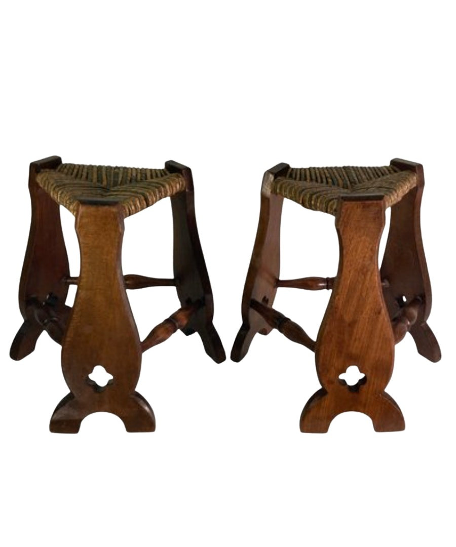 Set_of_2_Brutalist_Neo_Gothic_Rush_Oak_Tripod_Stools,_1960s,_France
