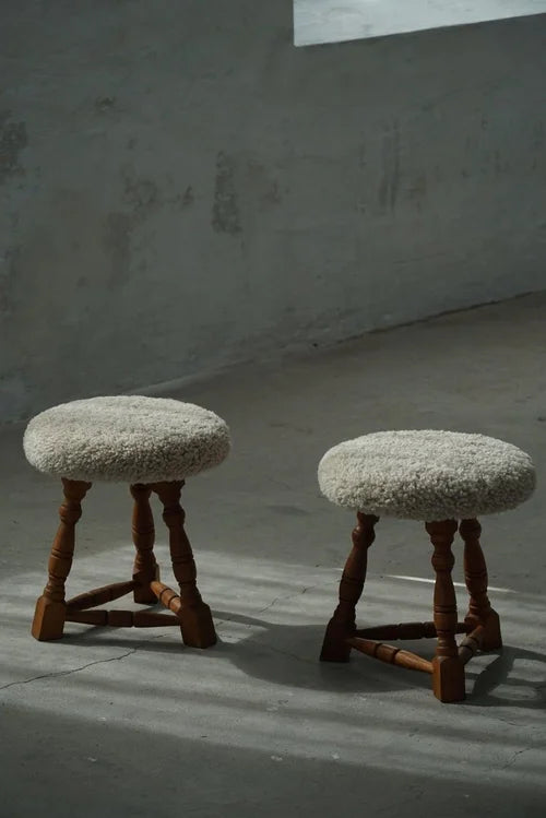 Set_of_2_Danish_Oak_Tripod_Stools_with_Shearling_Seats,_1950s
