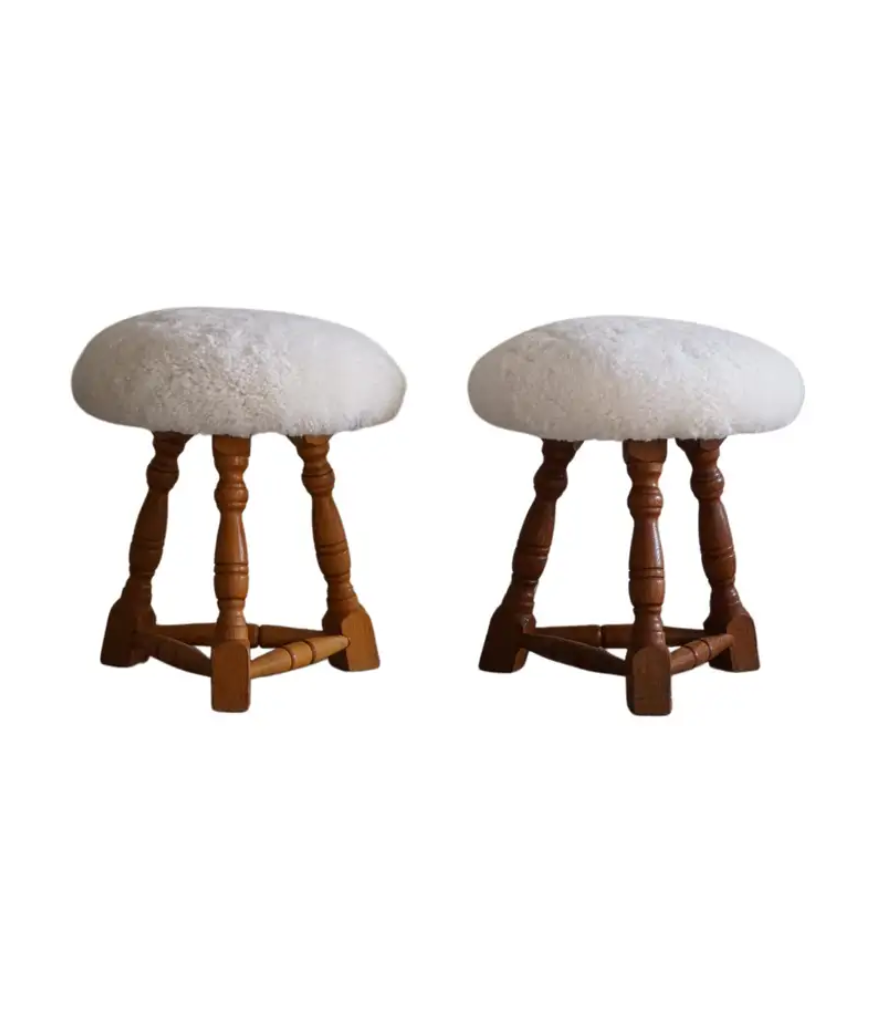 Set_of_2_Oak_Tripod_Stools_in_Danish_Modern,_Seats_in_Shearling_Lambswool,_1950s