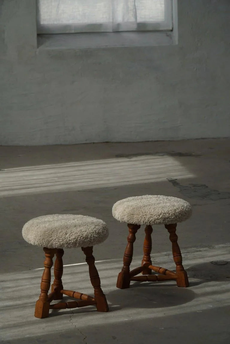 Set_of_2_Oak_Tripod_Stools_in_Danish_Modern,_Seats_in_Shearling_Lambswool,_1950s