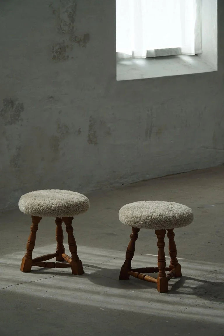 Set_of_2_Oak_Tripod_Stools_in_Danish_Modern,_Seats_in_Shearling_Lambswool,_1950s