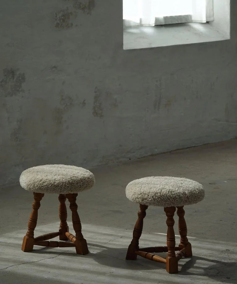Set_of_2_Oak_Tripod_Stools_in_Danish_Modern,_Seats_in_Shearling_Lambswool,_1950s