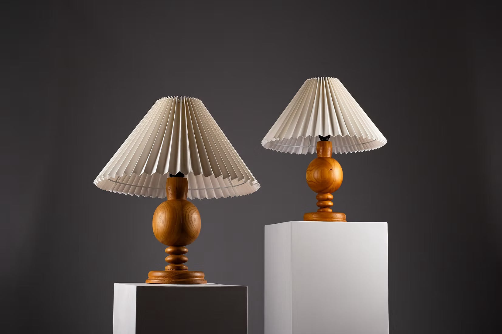 Set_of_2_Scandinavian_Turned_Wood_Table_Lamps_with_Pleated_Shades,_1960s
