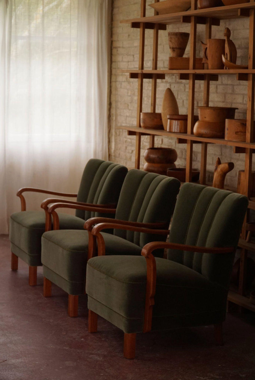 Set_of_3_Armchairs_in_Oak,_Reupholstered_in_Green_Mohair,_Danish_Art_Deco,_1930s
