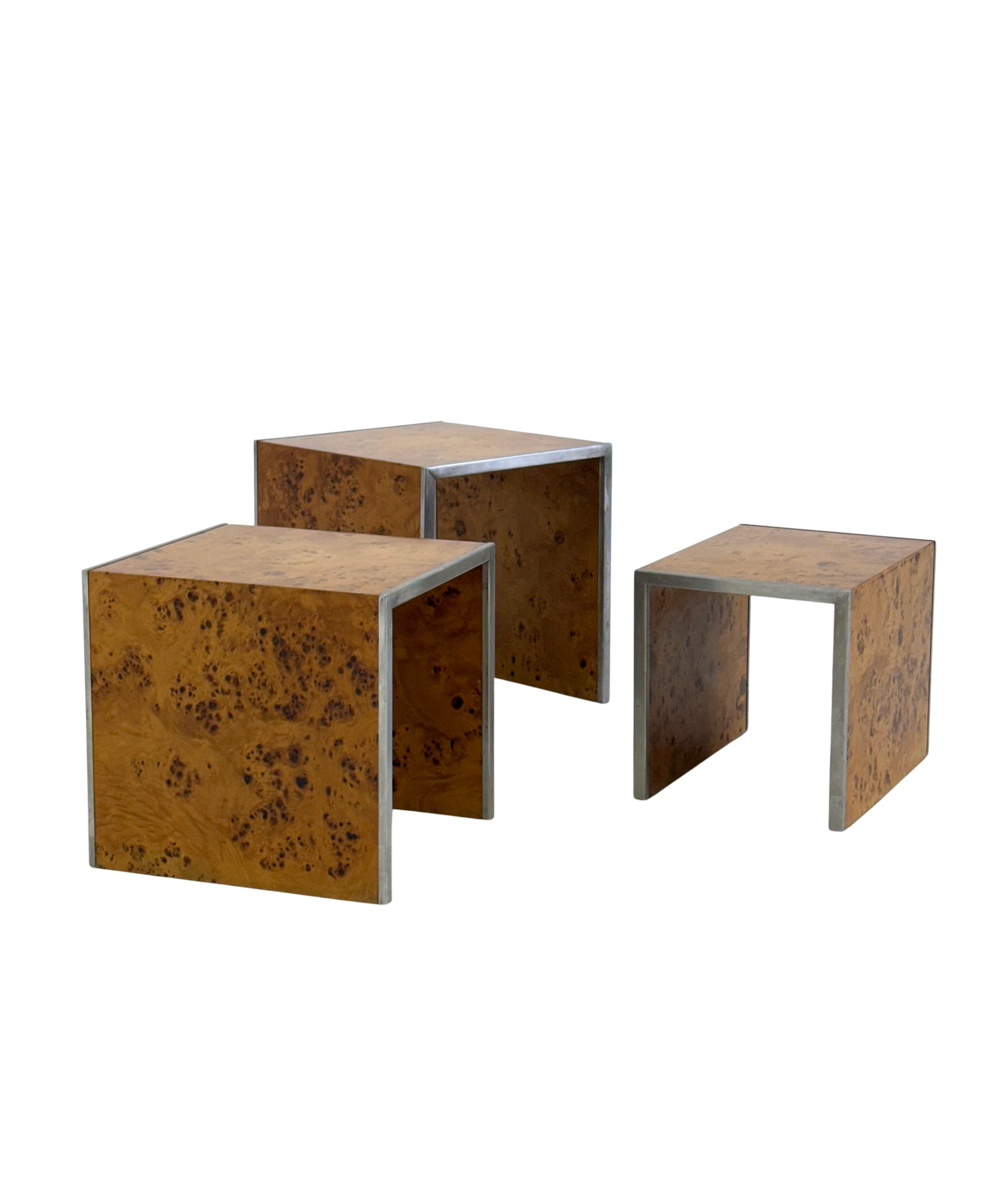 Set_of_3_Nesting_Tables_by_Tommaso_Barbi_in_Burl_Wood_and_Chrome,_Italy