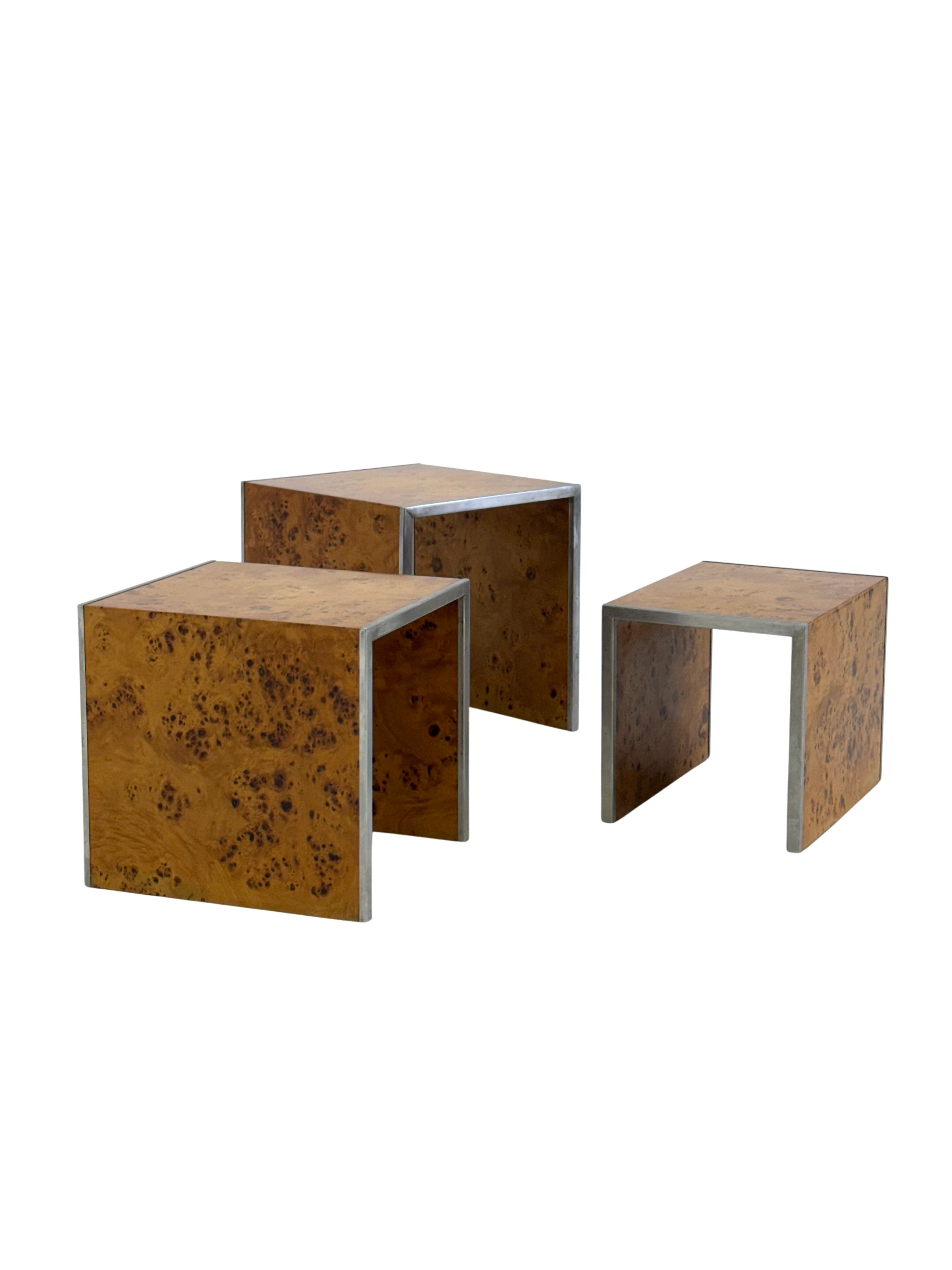 Set_of_3_Nesting_Tables_by_Tommaso_Barbi_in_Burl_Wood_and_Chrome,_Italy