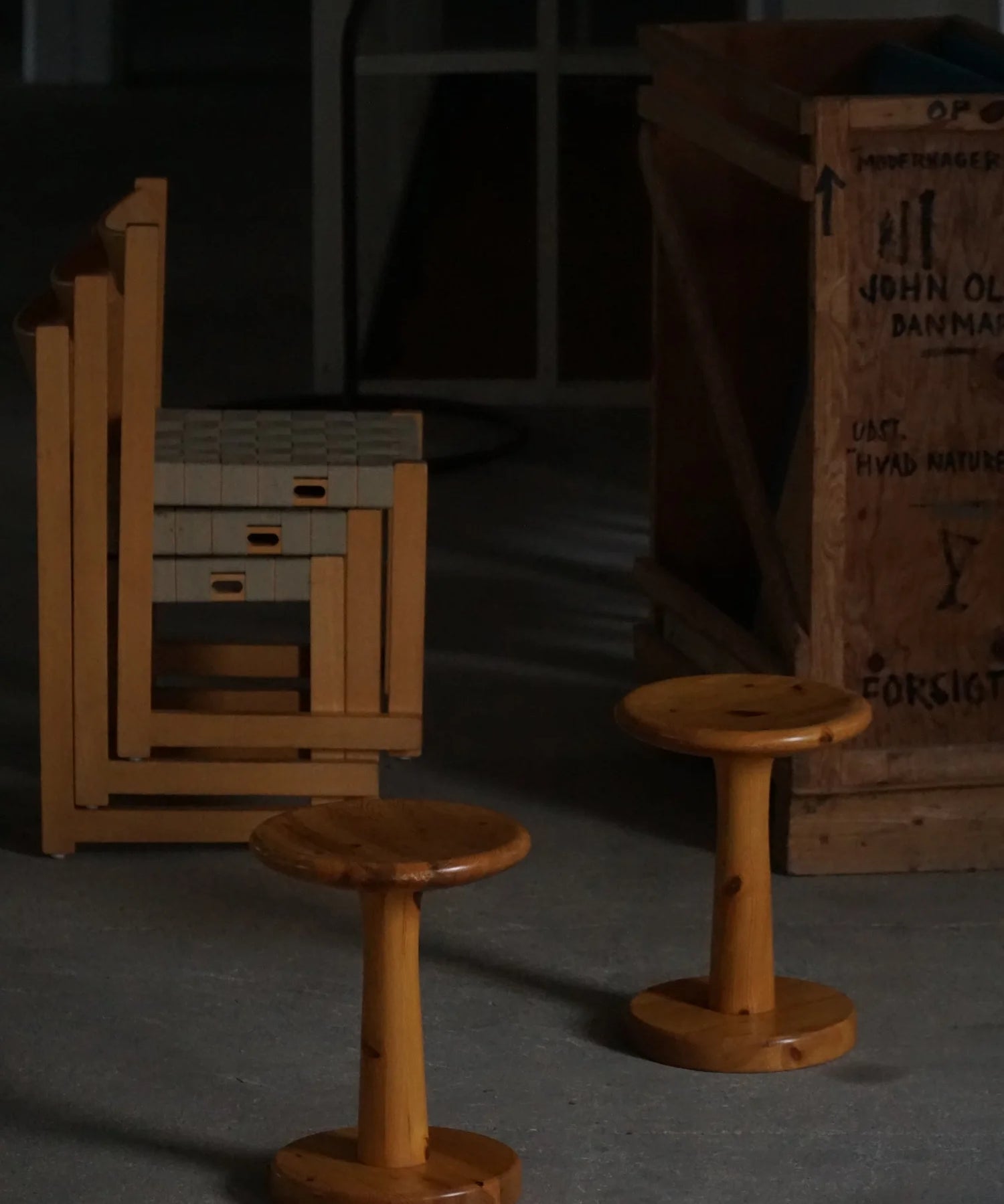Set_of_4_Rainer_Daumiller_Pine_Stools,_Danish_Organic_Modern_Design
