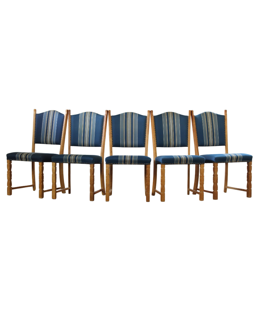 Set_of_5_Danish_Brutalist_Oak_Dining_Chairs_with_Blue_Striped_Upholstery,_Attributed_to_Henning_Kjærnulf