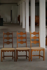 Set_of_6_Henning_Kjærnulf_Oak_Dining_Chairs_with_Hessian_Upholstery,_Denmark,_1950s