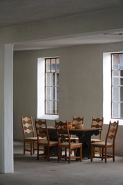 Set_of_6_Henning_Kjærnulf_Oak_Dining_Chairs_with_Hessian_Upholstery,_Denmark,_1950s