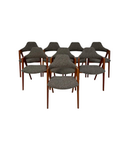 Set_of_8_Compass_Dining_Chairs_by_Kai_Kristiansen,_Solid_Teak_and_Grey-Brown_Bouclé,_Danish_Mid-Century_Modern,_1960s