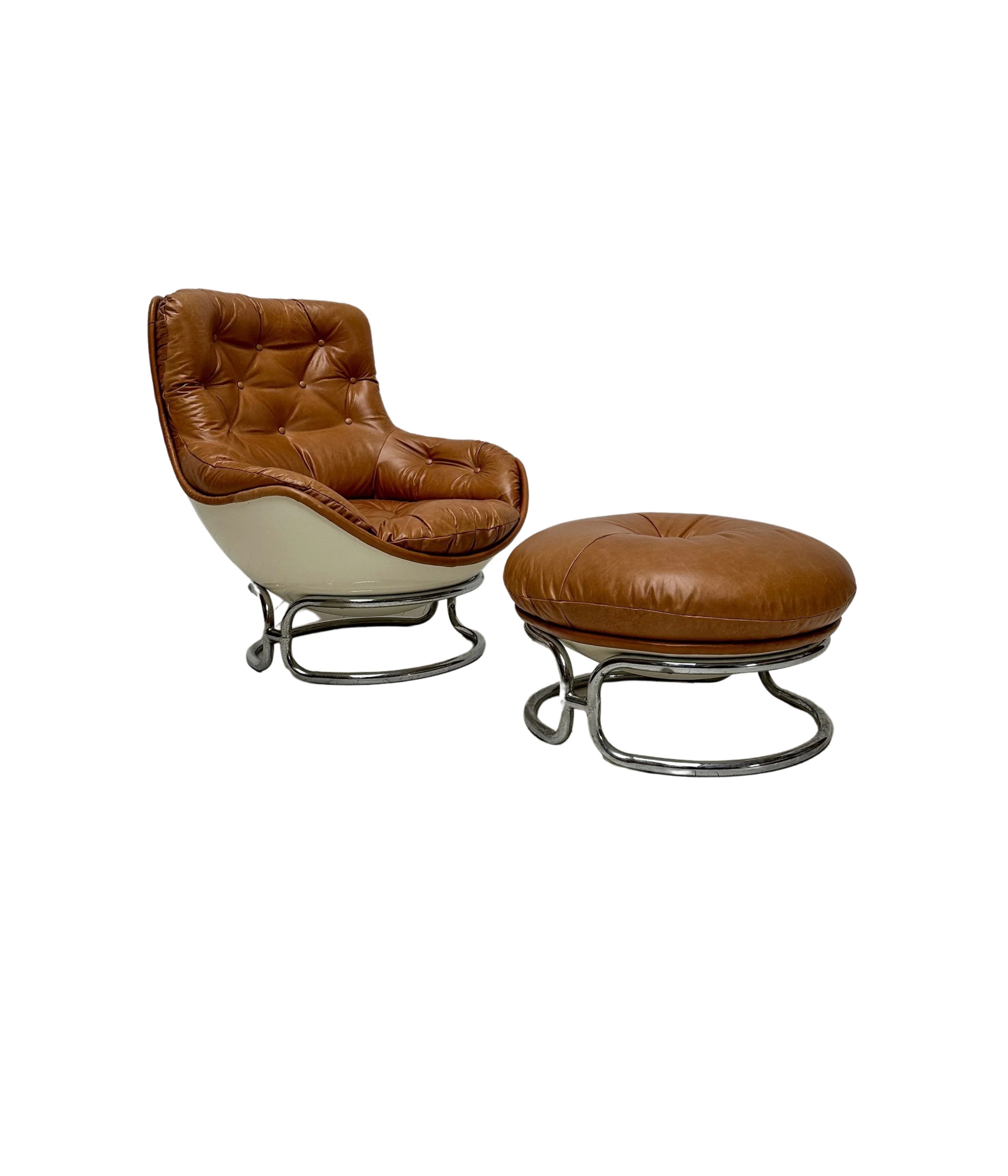 Set_of_Karate_Lounge_Chair_and_Ottoman_by_Michel_Cadestin_for_Airborne,_Cognac_Leather_and_White_Fibreglass,_France,_1960s