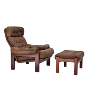 Set_of_Swedish_Armchair_with_Footstool_in_Brown_Leather_and_Dark_Beech,_Scandinavian_Design,_1970s