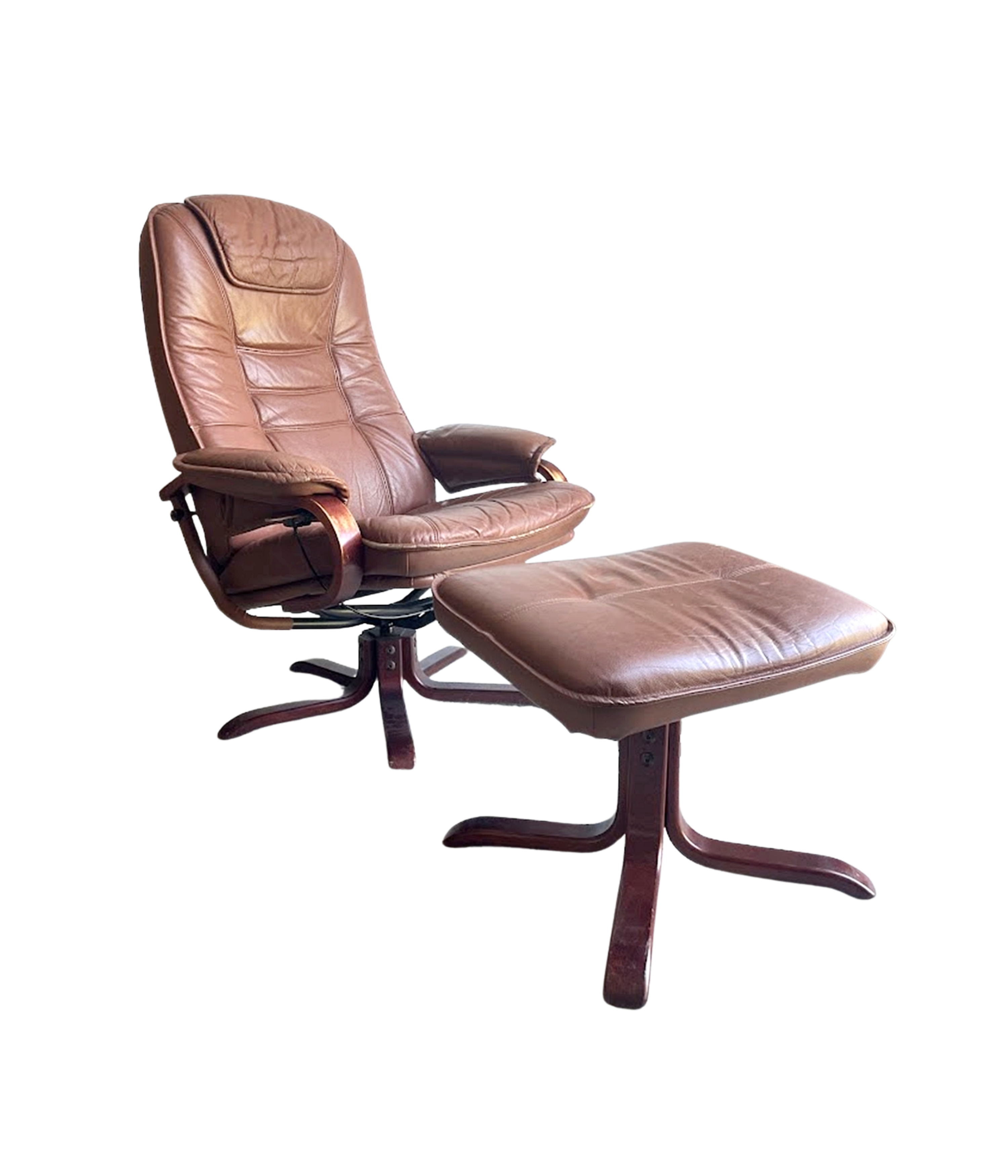 Set_of_Swivel_Lounge_Chair_with_Ottoman,1990s_Scandinavian_Style_Brown_Leather_Reclining