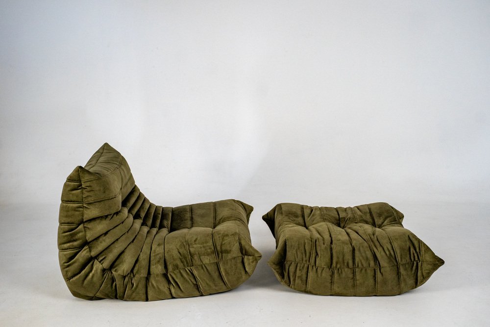 Set_of_Togo_Lounge_Chair_and_Pouf_by_Michel_Ducaroy_for_Ligne_Roset,_Khaki_Velvet,_France,_1976