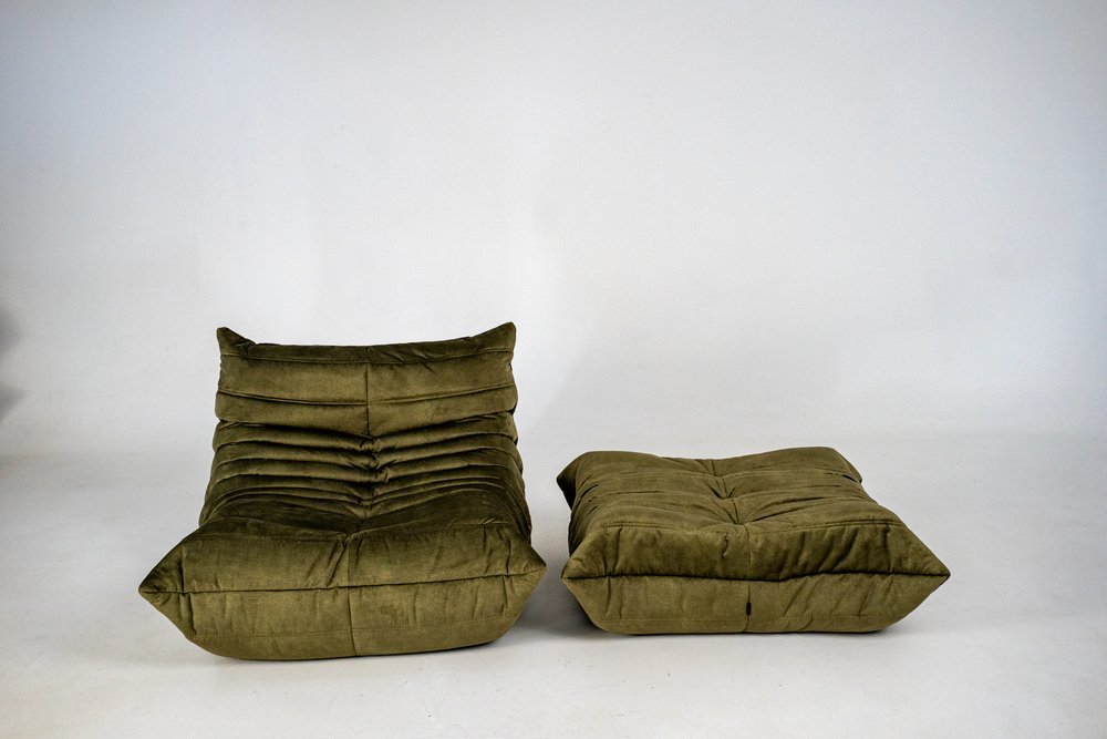 Set_of_Togo_Lounge_Chair_and_Pouf_by_Michel_Ducaroy_for_Ligne_Roset,_Khaki_Velvet,_France,_1976