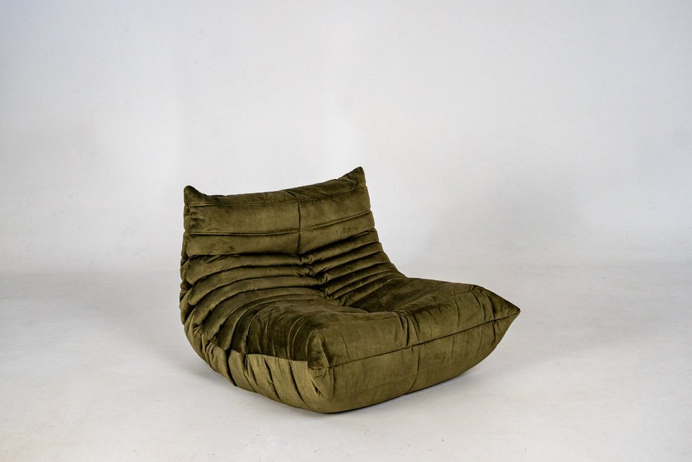 Set_of_Togo_Lounge_Chair_and_Pouf_by_Michel_Ducaroy_for_Ligne_Roset,_Khaki_Velvet,_France,_1976