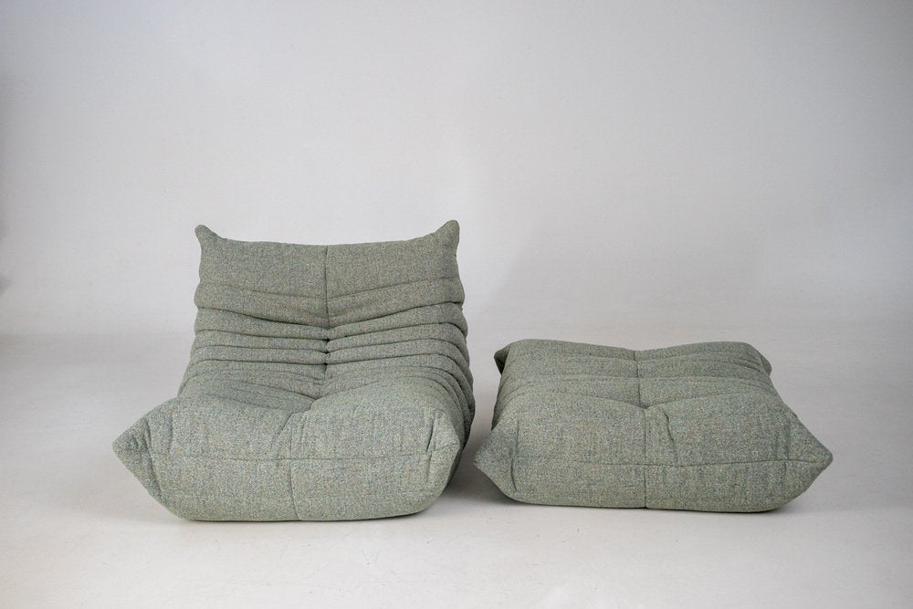 Set_of_Togo_Lounge_Chair_and_Pouf_by_Michel_Ducaroy_for_Ligne_Roset,_Melange_Tweed_Fabric,_France,_1978
