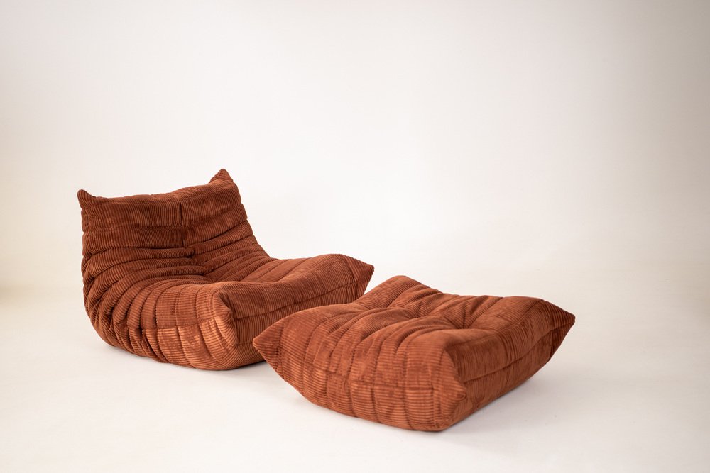 Set_of_Togo_Lounge_Chair_and_Pouf_by_Michel_Ducaroy_for_Ligne_Roset,_Orange_Corduroy,_France,_1974