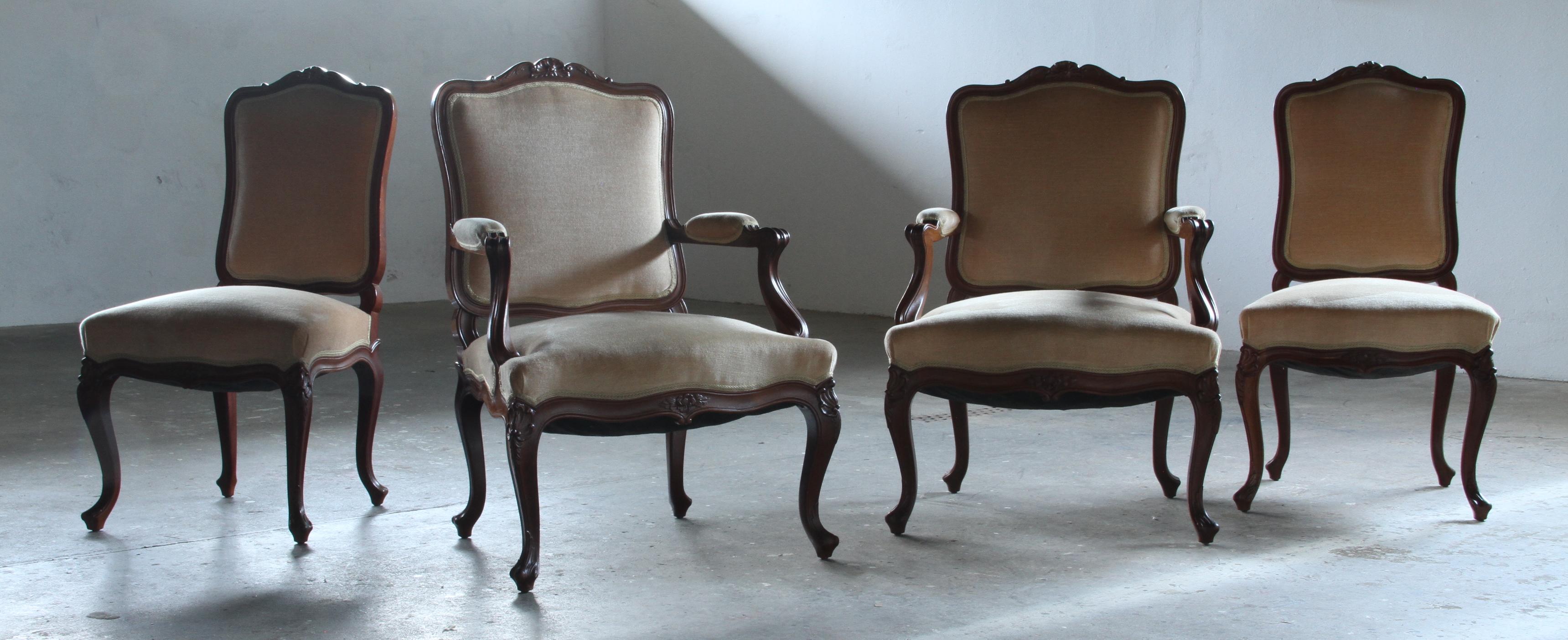 Set_of_4_Antique_Danish_Rococo_Revival_Lounge_Chairs_with_Carved_Wooden_Frames_and_Velvet_Upholstery,_19th_Century