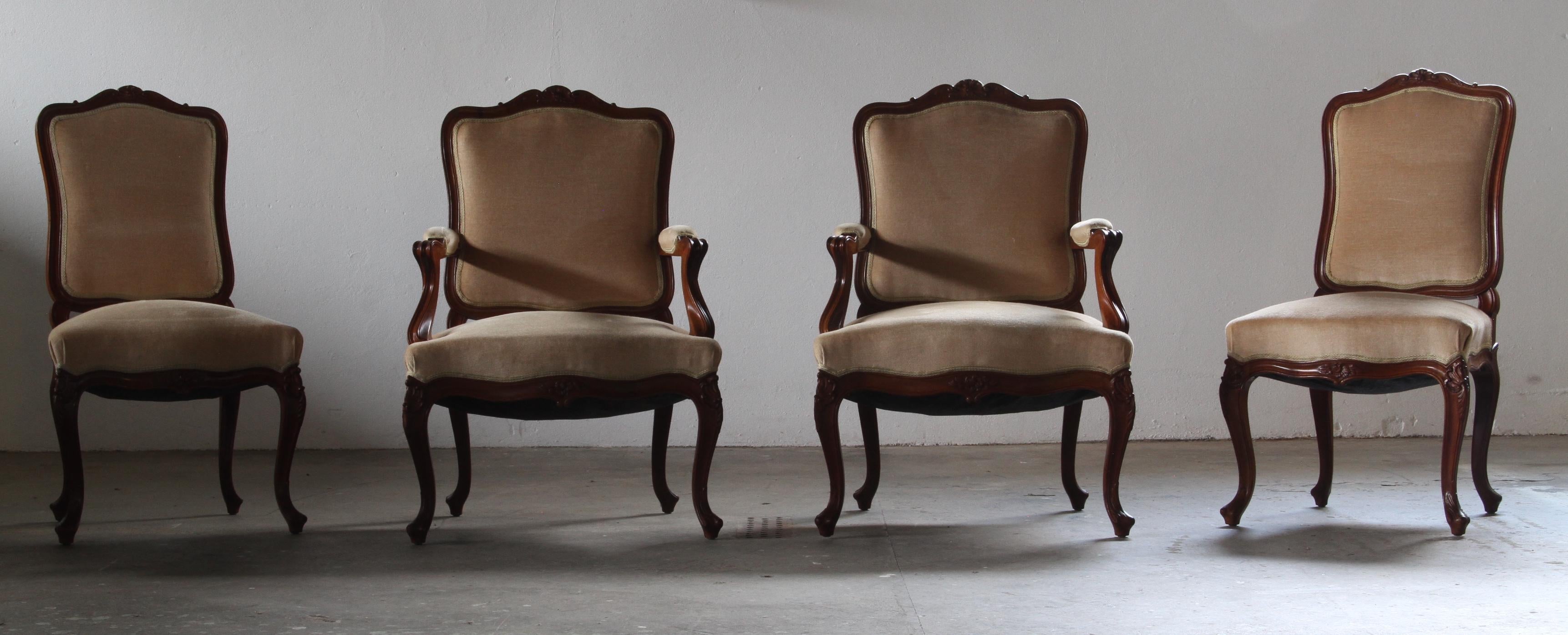Set_of_4_Antique_Danish_Rococo_Revival_Lounge_Chairs_with_Carved_Wooden_Frames_and_Velvet_Upholstery,_19th_Century