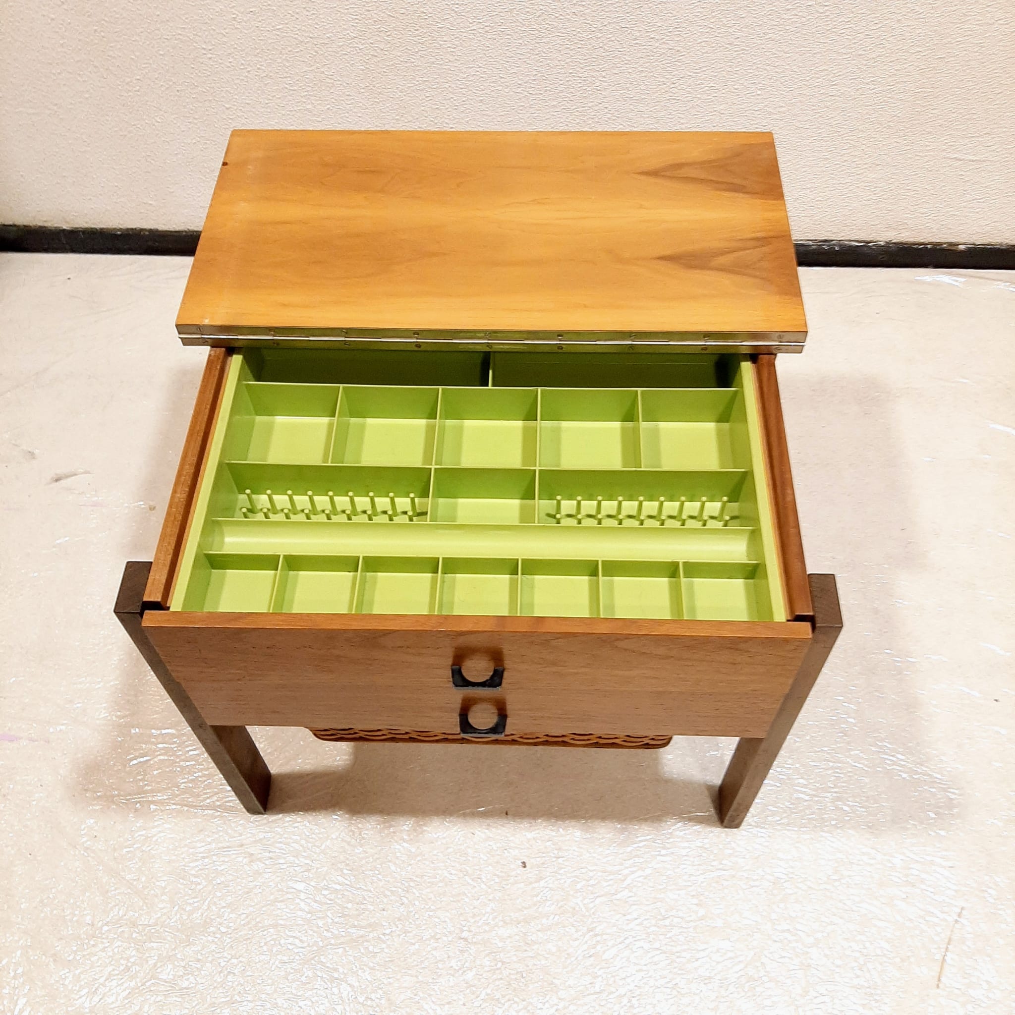 Vintage_Solid_Wood_Sewing_Cabinet_with_Woven_Basket,_Scandinavian_Side_Table