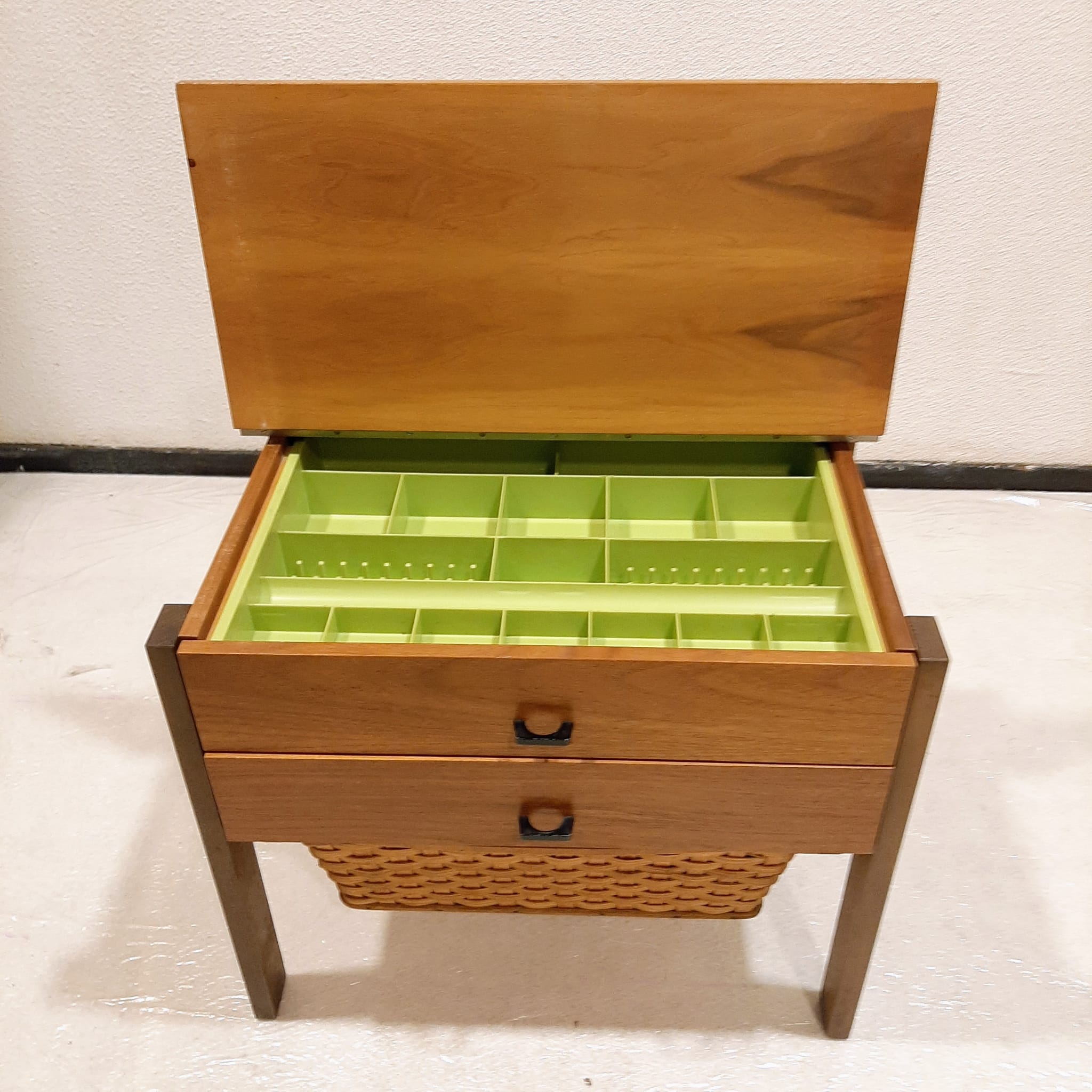 Vintage_Solid_Wood_Sewing_Cabinet_with_Woven_Basket,_Scandinavian_Side_Table