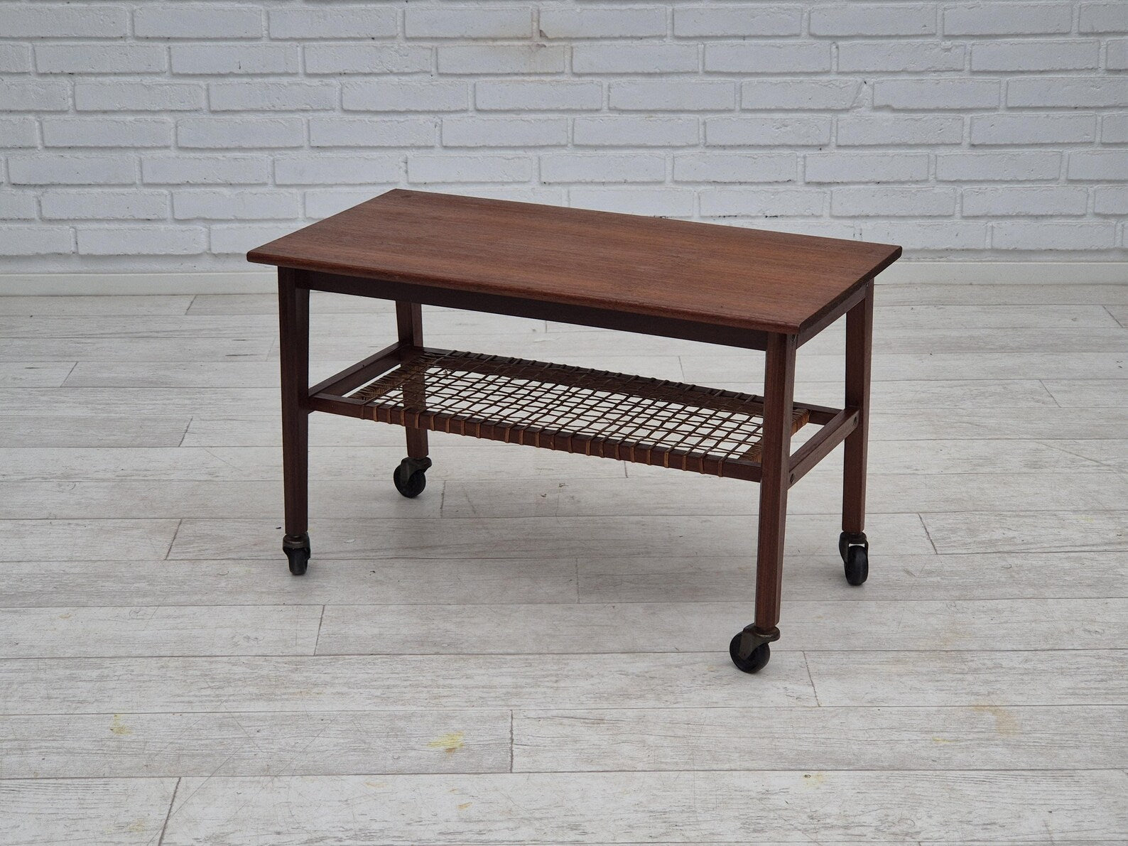 Side_Table,_Teak_Wood_with_Rattan_Shelf_&_Brass,_1970s_Denmark