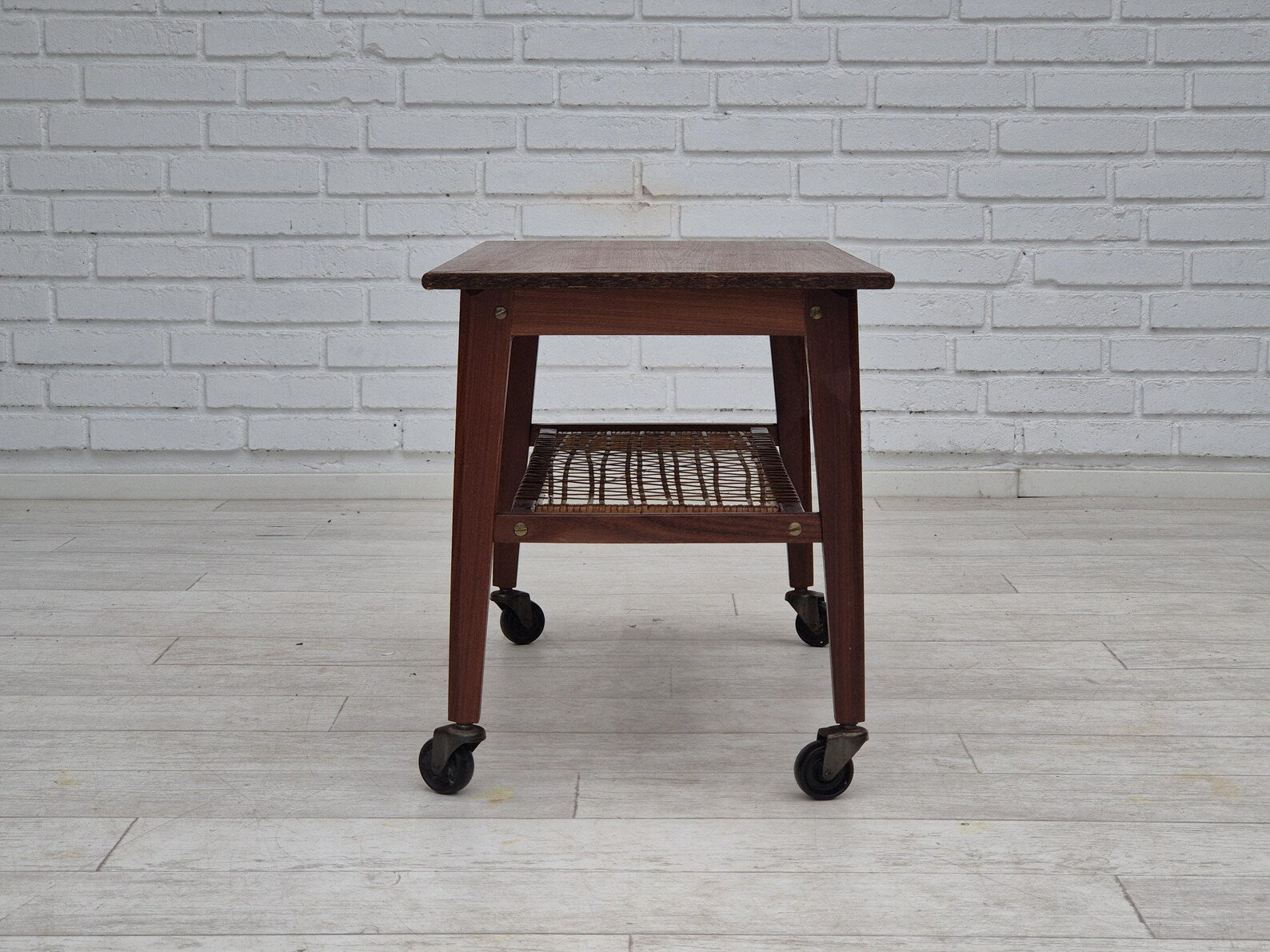 Side_Table,_Teak_Wood_with_Rattan_Shelf_&_Brass,_1970s_Denmark