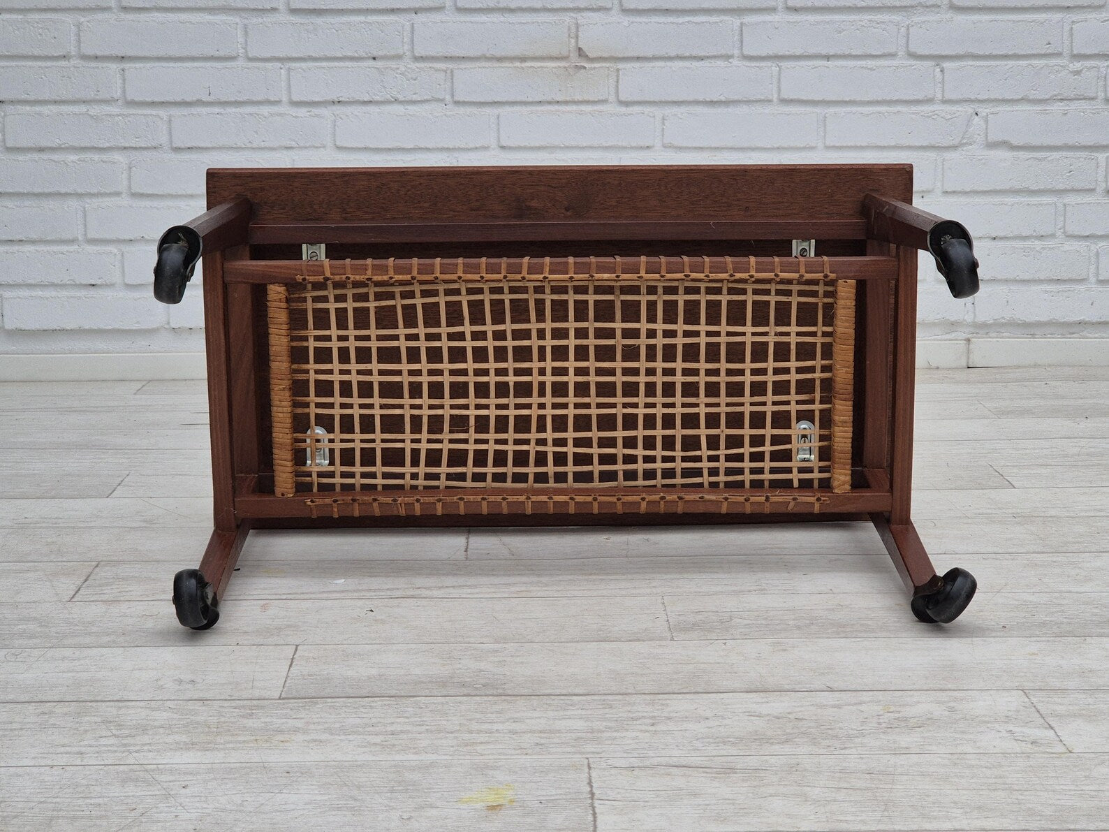 Side_Table,_Teak_Wood_with_Rattan_Shelf_&_Brass,_1970s_Denmark