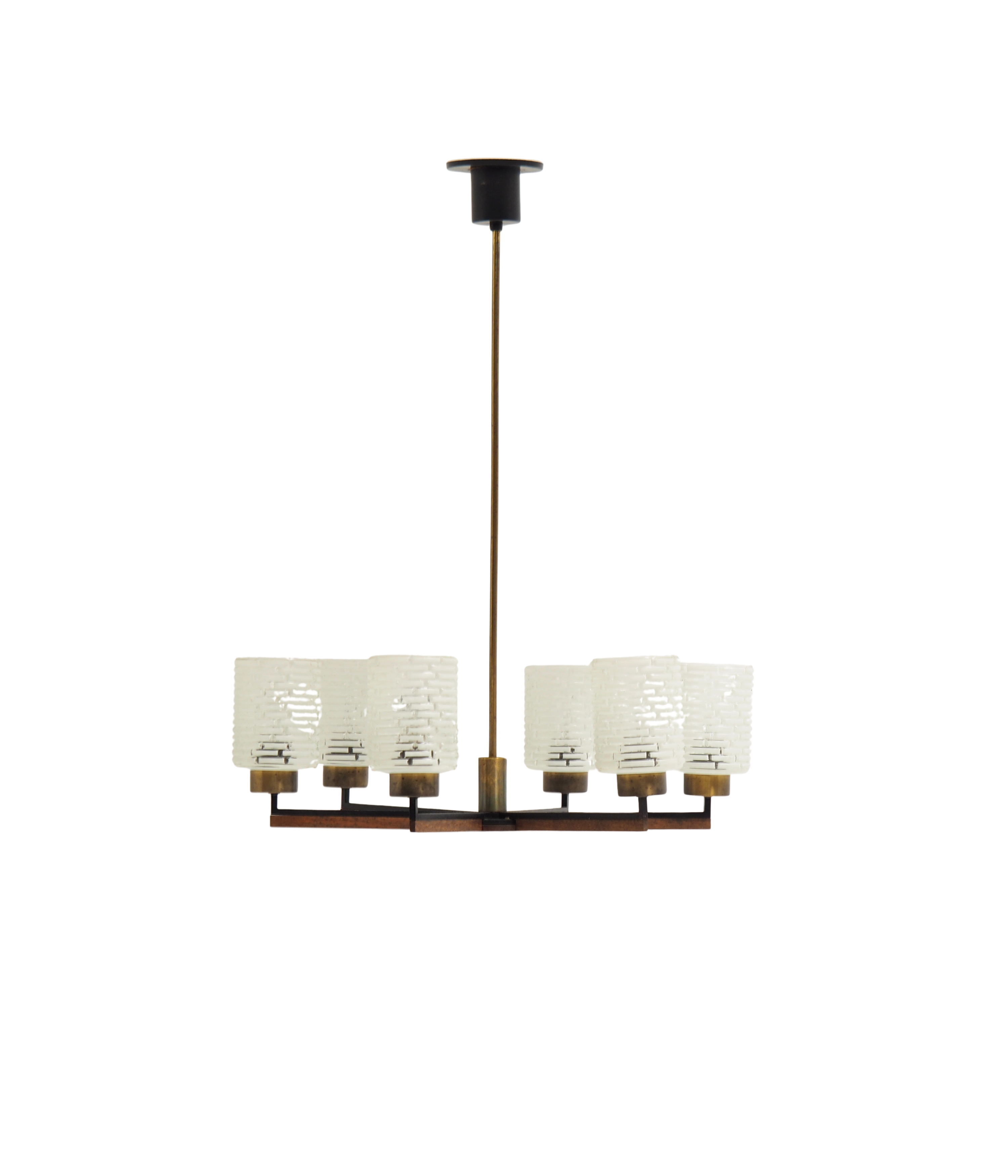 Six-Light_Brass,_Teak_and_Black_Metal_Chandelier_by_Philips,_Netherlands,_1960s
