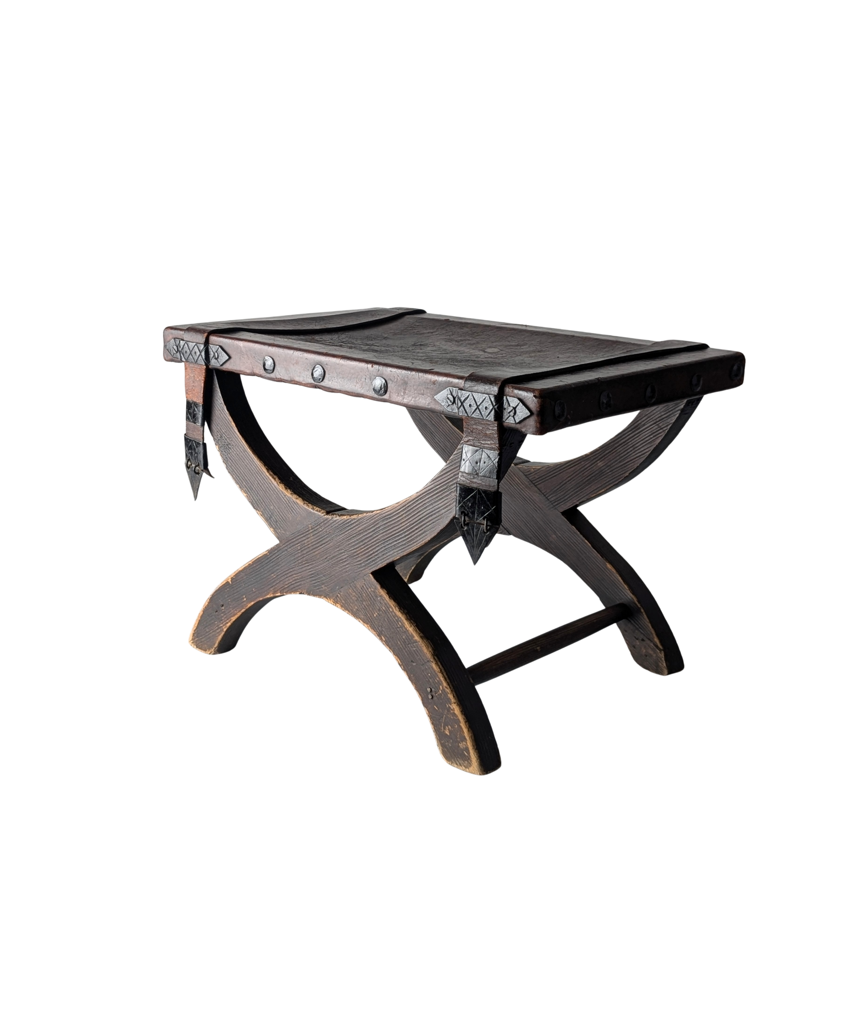 Spanish_Colonial_Revival_Curule_Stool_in_Wood_and_Leather,_Mexico_1940s