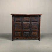 Set_of_Spanish_Brutalist_Folding_Home_Bar_with_3_Bar_Stools,_Carved_Dark_Wood,_1950s,_in_the_Style_of_Sergio_Rodrigues