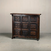 Set_of_Spanish_Brutalist_Folding_Home_Bar_with_3_Bar_Stools,_Carved_Dark_Wood,_1950s,_in_the_Style_of_Sergio_Rodrigues
