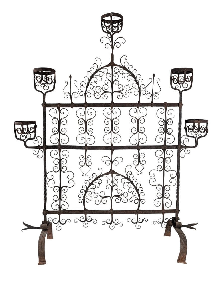 Spanish_Wrought_Iron_Fireplace_Screen_Candelabra,_Arts_and_Crafts,_1880s