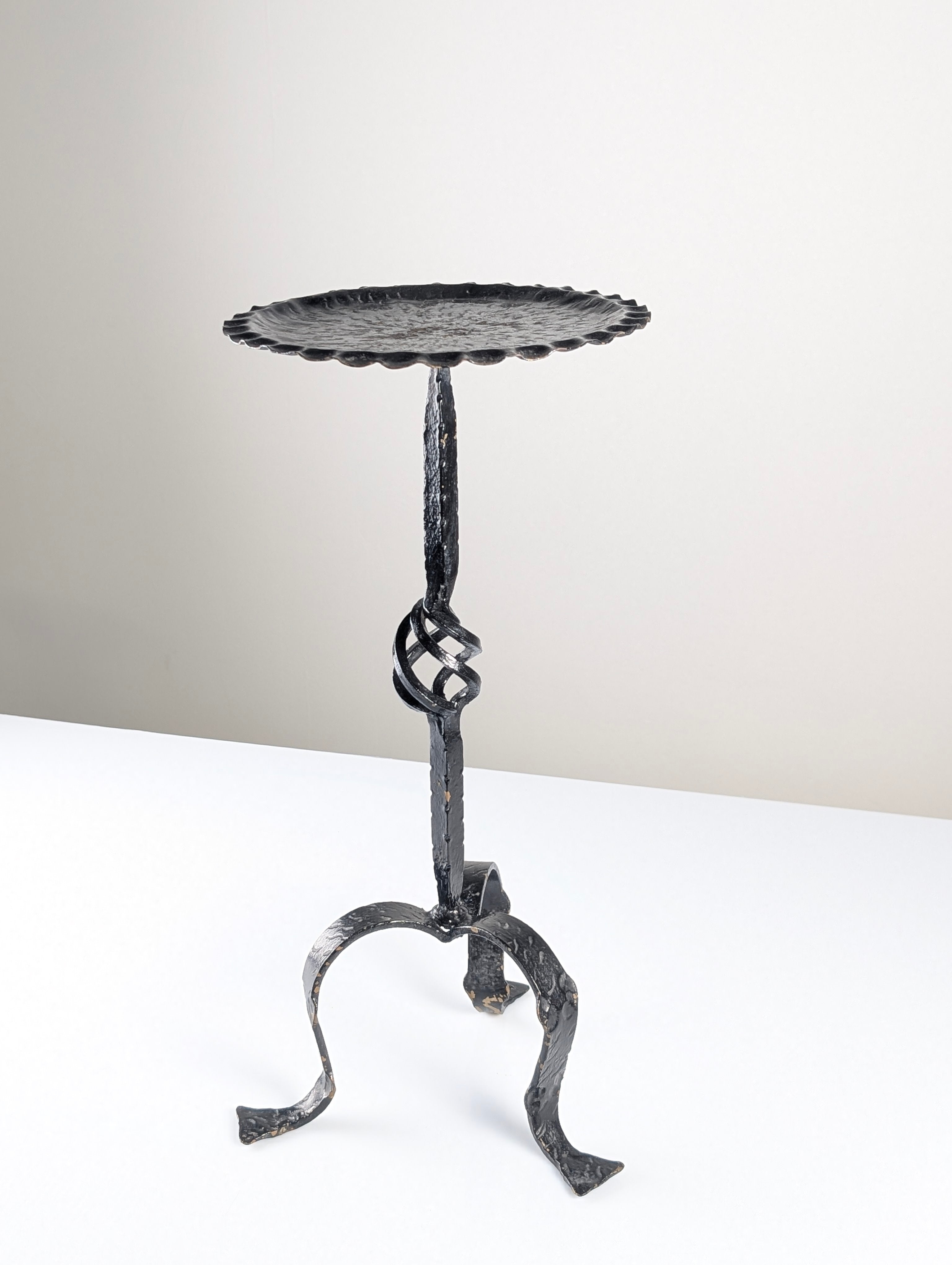 Spanish_Wrought_Iron_Drinks_Table_with_Hammered_Scalloped_Top_and_Tripod_Base,_1950s