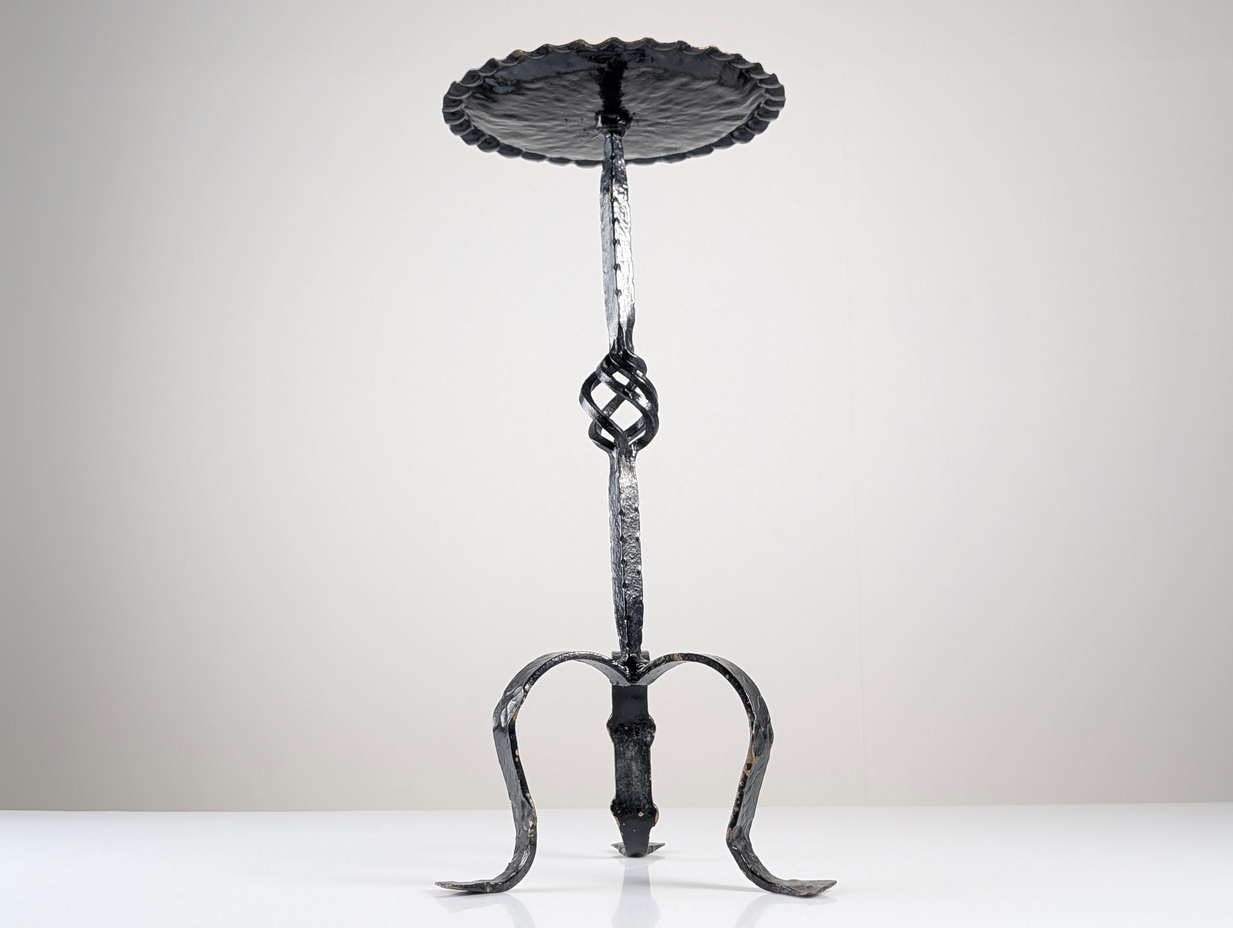 Spanish_Wrought_Iron_Drinks_Table_with_Hammered_Scalloped_Top_and_Tripod_Base,_1950s