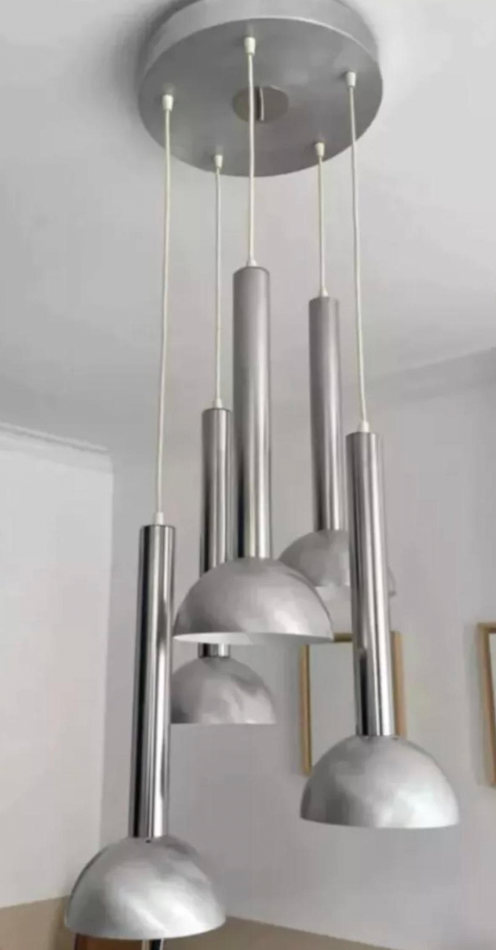 Five-Light_Chrome_and_Brushed_Metal_Chandelier,_France,_1970s