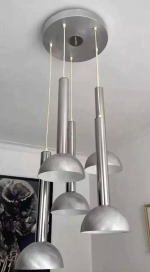 Five-Light_Chrome_and_Brushed_Metal_Chandelier,_France,_1970s