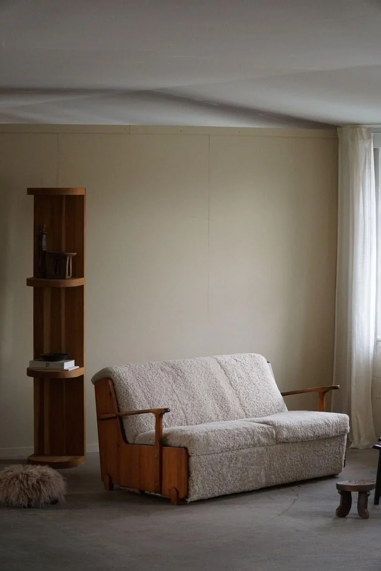 Swedish_Modern,_Freestanding_Two_Seater_Sofa_/_Bed_in_Pine_&_Lambswool,_1950s
